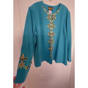 BOB MACKIE Wearable Art Sz 3X PLUS Jacket Teal Gold Fleur-de-lis Evening Fancy